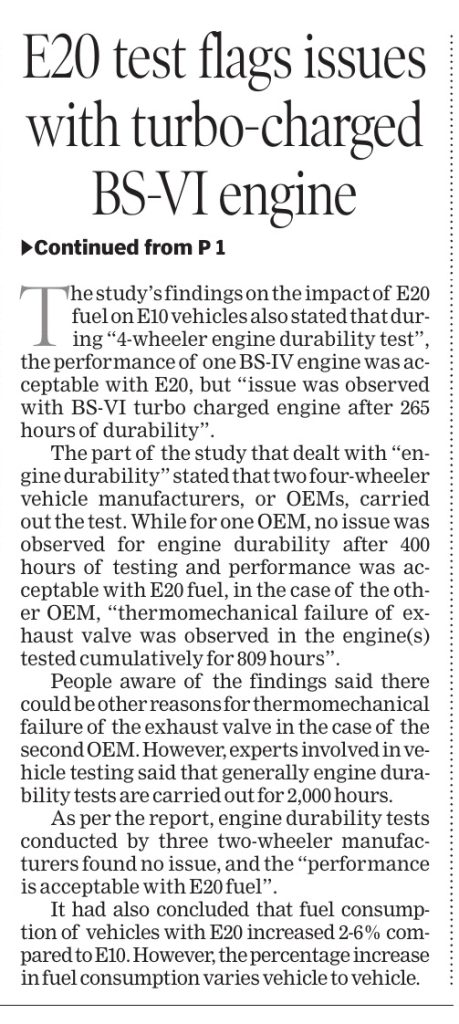 dipak_toi | No. 1 Indian Media News Portal Newspaper article page with headline 'E20 test flags issues with turbo-charged BS-VI engine', 'Continued from P1', and multiple columns of text discussing fuel tests and engine durability.