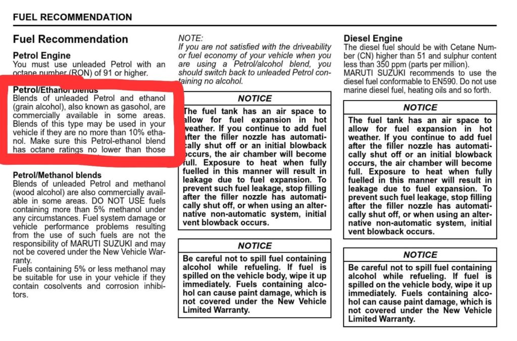e10_1 | No. 1 Indian Media News Portal Part of a fuel recommendation sheet describing Petrol/Ethanol blends (gasohol) and that blends with up to 10% ethanol may be used.