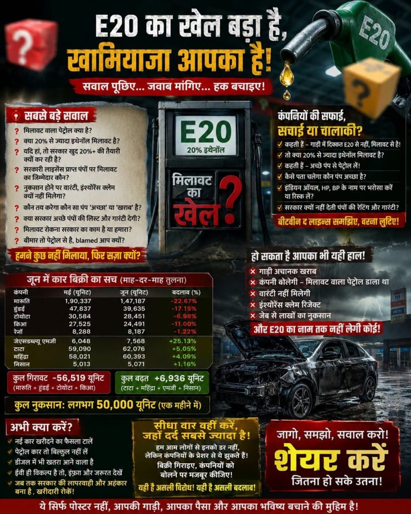 e20 | No. 1 Indian Media News Portal Hindi infographic warning about E20 fuel: claims of engine damage, myths and questions, with a damaged car and fuel pump illustration.