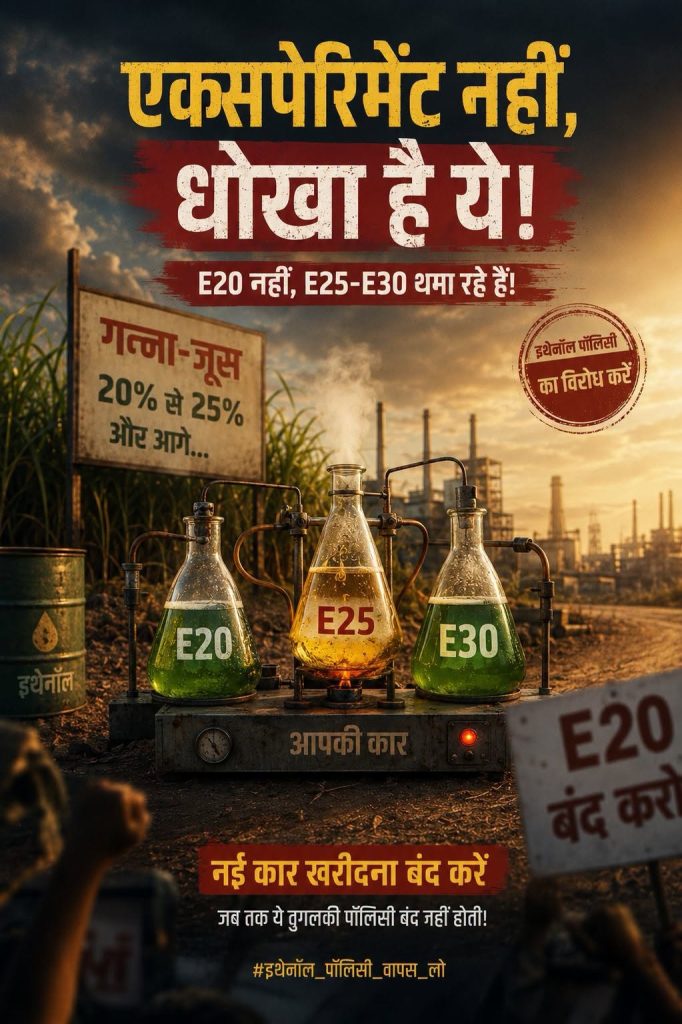 Protest poster at a refinery showing three Erlenmeyer flasks labeled E20, E25, and E30 on a lab stand; bold Hindi text condemns fuel changes and calls for action.