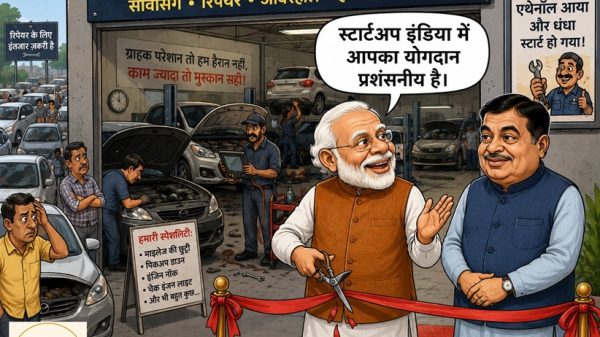 Cartoon of Modi and a man at a car repair shop, cutting a red ribbon for a grand opening; speech bubble reads 'स्टार्टअप इंडिया में आपका योगदान प्रशंसनीय है'.