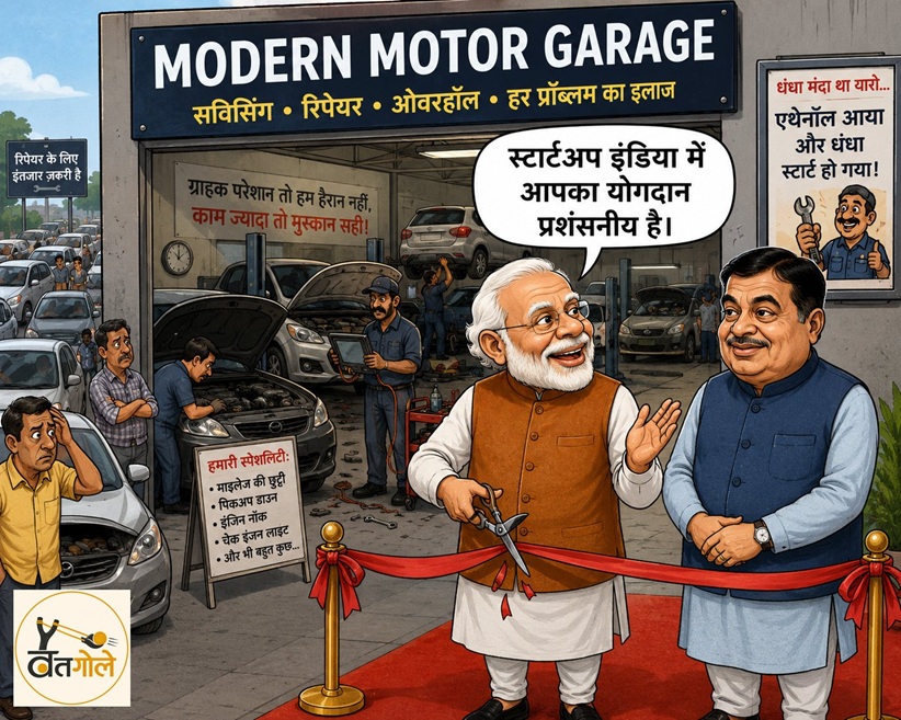 Cartoon of Modi and a man at a car repair shop, cutting a red ribbon for a grand opening; speech bubble reads 'स्टार्टअप इंडिया में आपका योगदान प्रशंसनीय है'.