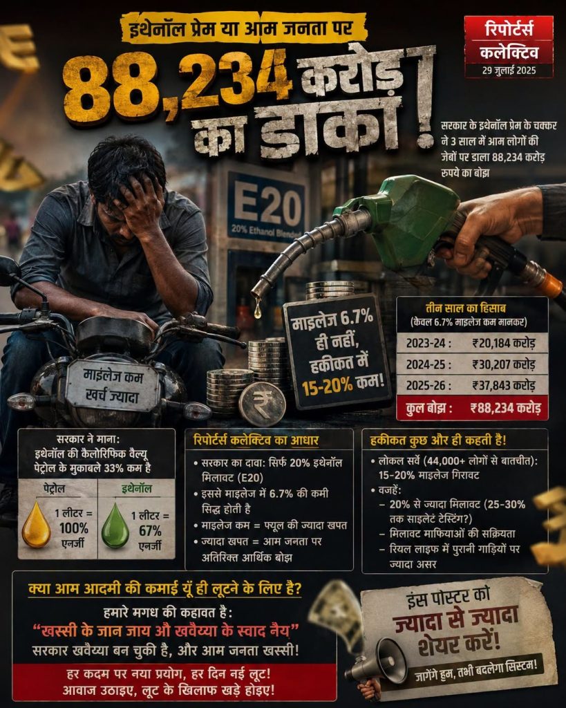 ethanol_ | No. 1 Indian Media News Portal Hindi infographic about a fuel price scam: distressed man on a motorcycle, a gas pump pouring coins, and bold headline '88,234 करोड़ का डाका' at top.