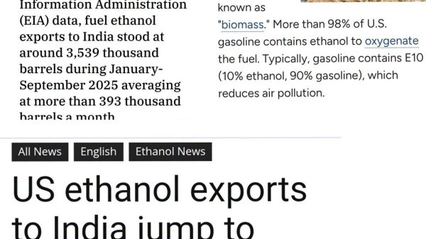 News collage about US ethanol exports to India, with a large headline and a sidebar on ethanol basics