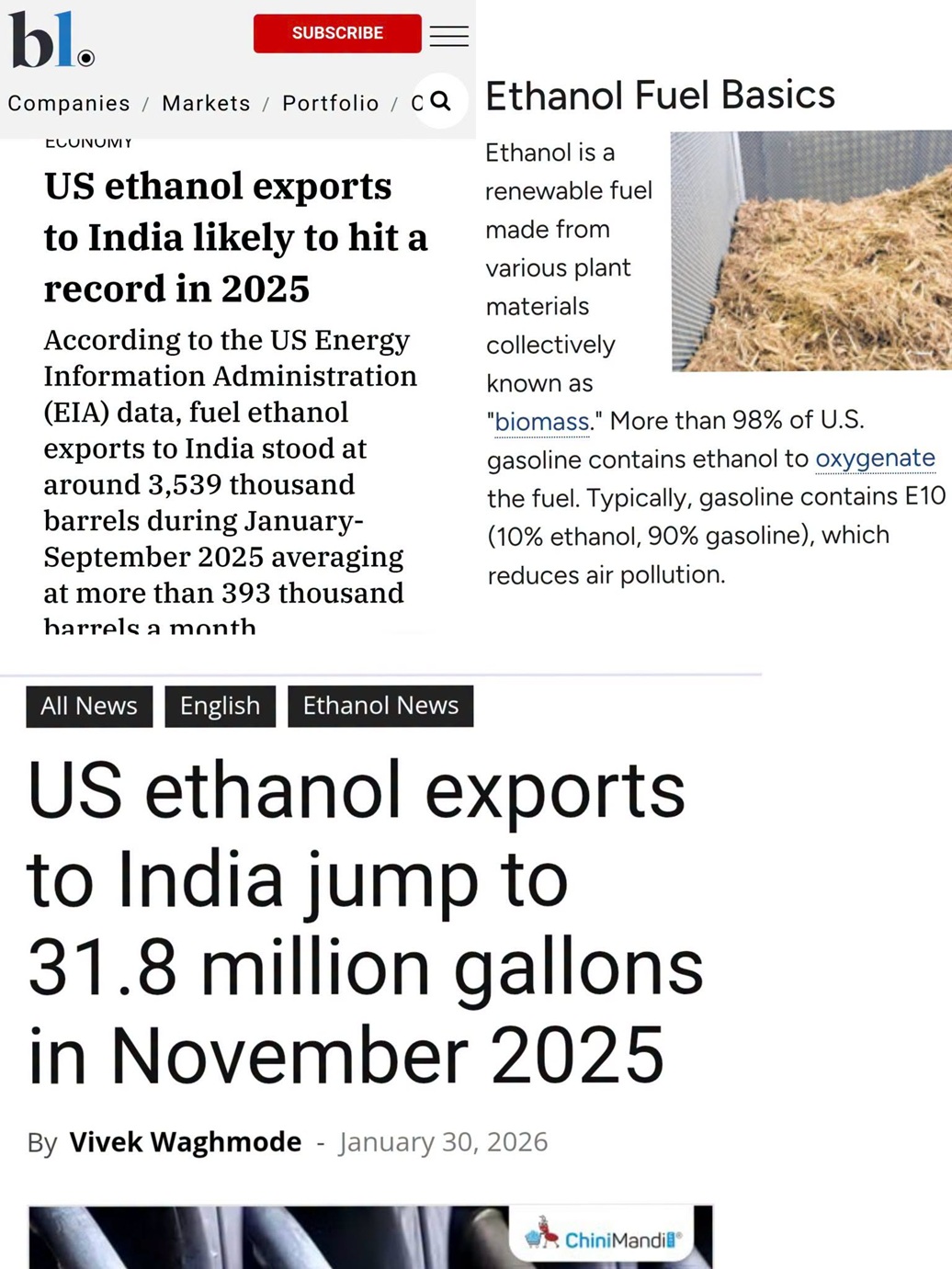 News collage about US ethanol exports to India, with a large headline and a sidebar on ethanol basics