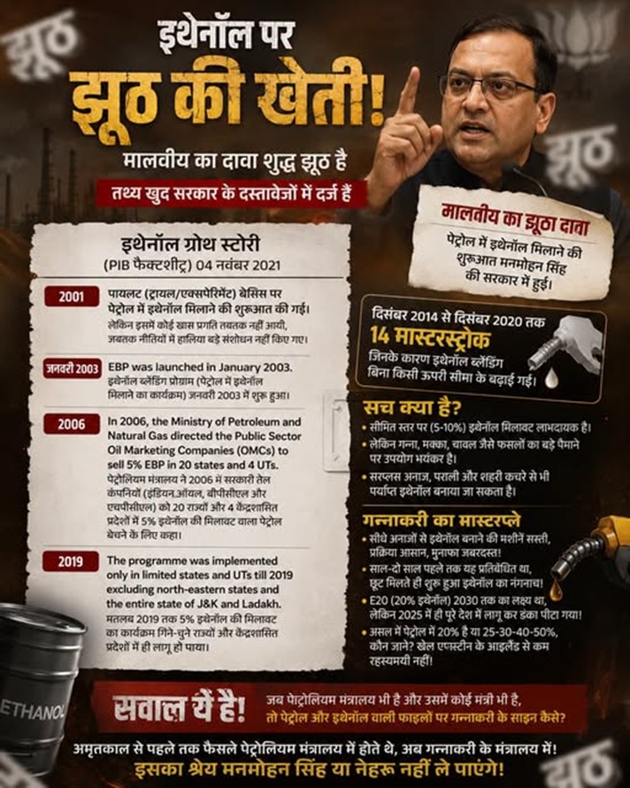 ethanol_1 | No. 1 Indian Media News Portal Hindi political poster titled 'झूठ की खेती' accusing the government of lies about ethanol and petroleum. Features a man pointing, bold headlines, timeline boxes (2001–2019) about oil and gas, a gas pump image, and highlighted sections criticizing policy.