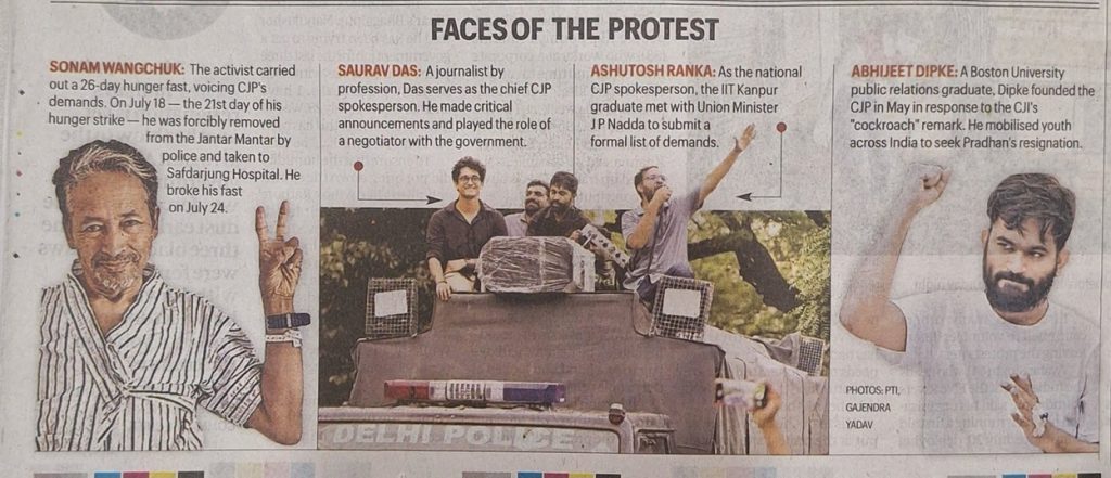 express_ | No. 1 Indian Media News Portal Group of protesters atop a vehicle during a demonstration, with others raising hands and signs visible; police vehicle underneath. (Overall collage titled'Faces of the Protest')