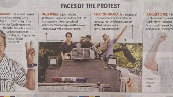 Group of protesters atop a vehicle during a demonstration, with others raising hands and signs visible; police vehicle underneath. (Overall collage titled 'Faces of the Protest')