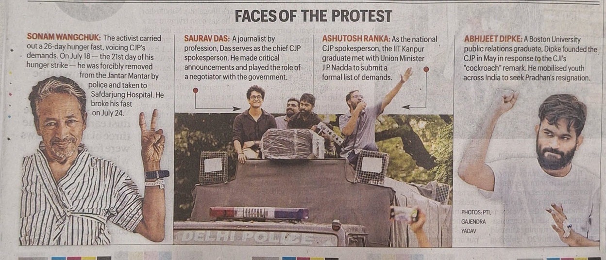 Group of protesters atop a vehicle during a demonstration, with others raising hands and signs visible; police vehicle underneath. (Overall collage titled 'Faces of the Protest')