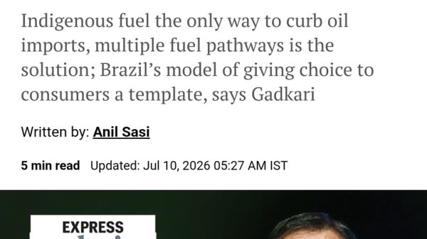 Screenshot of The Indian Express article titled 'Exclusive | Nitin Gadkari: Mileage marginally impacted by E20, but vehicle damage not a risk' with a photo of Gadkari and the 'GADKARI ON E20' graphic.