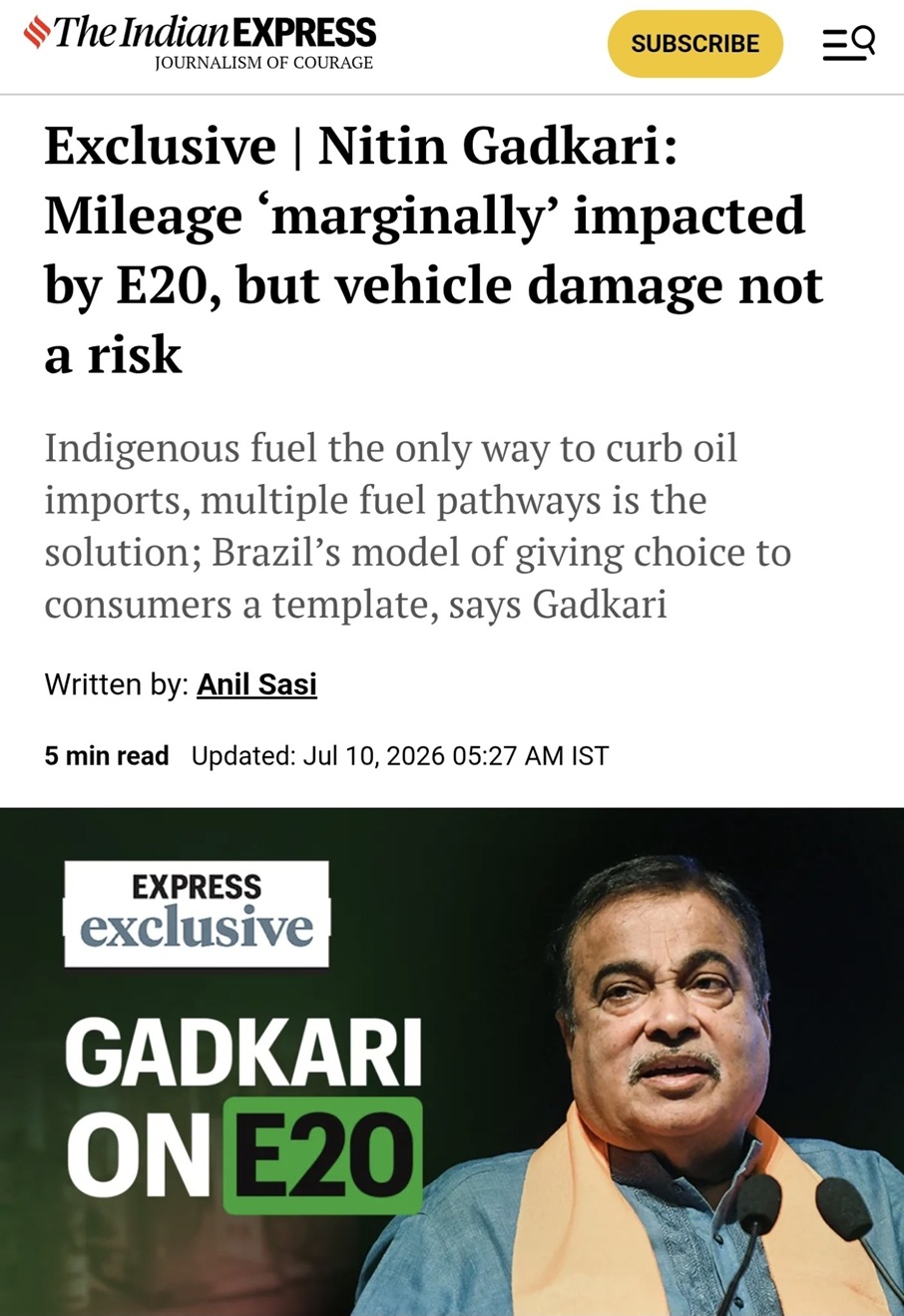 Screenshot of The Indian Express article titled 'Exclusive | Nitin Gadkari: Mileage marginally impacted by E20, but vehicle damage not a risk' with a photo of Gadkari and the 'GADKARI ON E20' graphic.