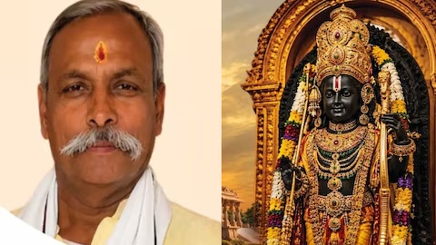 Left: Indian man with a tilak and white shawl; Right: ornate Hindu deity statue in a temple arch.