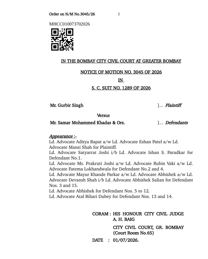 gurbeer | No. 1 Indian Media News Portal Court notice page: Bombay City Civil Court motion no. 3045 of 2026 with a QR code, listing plaintiff Mr. Gurbir Singh and defendants.
