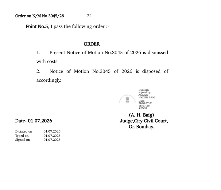gurbeer_ | No. 1 Indian Media News Portal Legal document page showing two court orders: (1) Present Notice of Motion No.3045 of 2026 dismissed with costs; (2) Notice of Motion No.3045 of 2026 disposed of accordingly. Includes stamp, date 01.07.2026, and judge details (A. H. Baig), City Civil Court, Gr. Bombay.