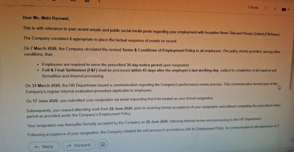hr_fm | No. 1 Indian Media News Portal Formal memo to Ms. Mahi Barnwal about updated employment policy and resignation timeline (Mar–Jun 2026).