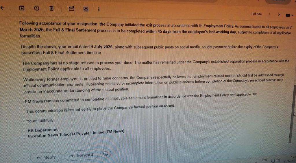 hr_fm_1 | No. 1 Indian Media News Portal Screenshot of a formal exit/settlement email stating resignation acceptance and a 45-day timeline for Full & Final Settlement.