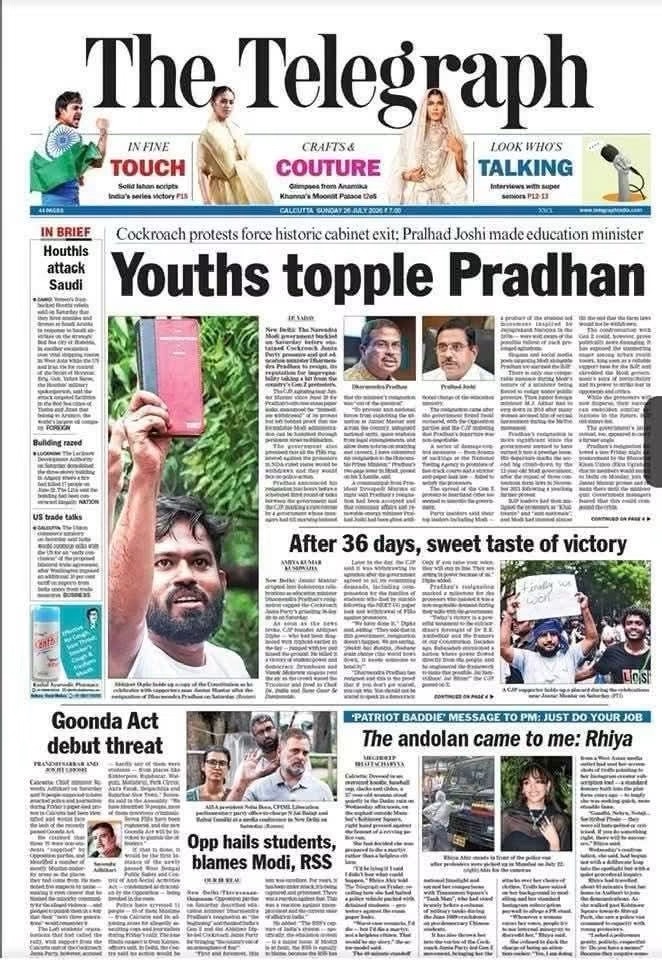 Front page of The Telegraph newspaper with the bold headline 'Youths topple Pradhan' and multiple photos beneath.