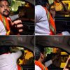 Collage of a man in white traditional clothing with an orange scarf inside a car, gesturing toward a young man outside the window in each frame of the interaction.