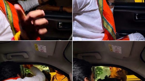 Collage of a man in white traditional clothing with an orange scarf inside a car, gesturing toward a young man outside the window in each frame of the interaction.