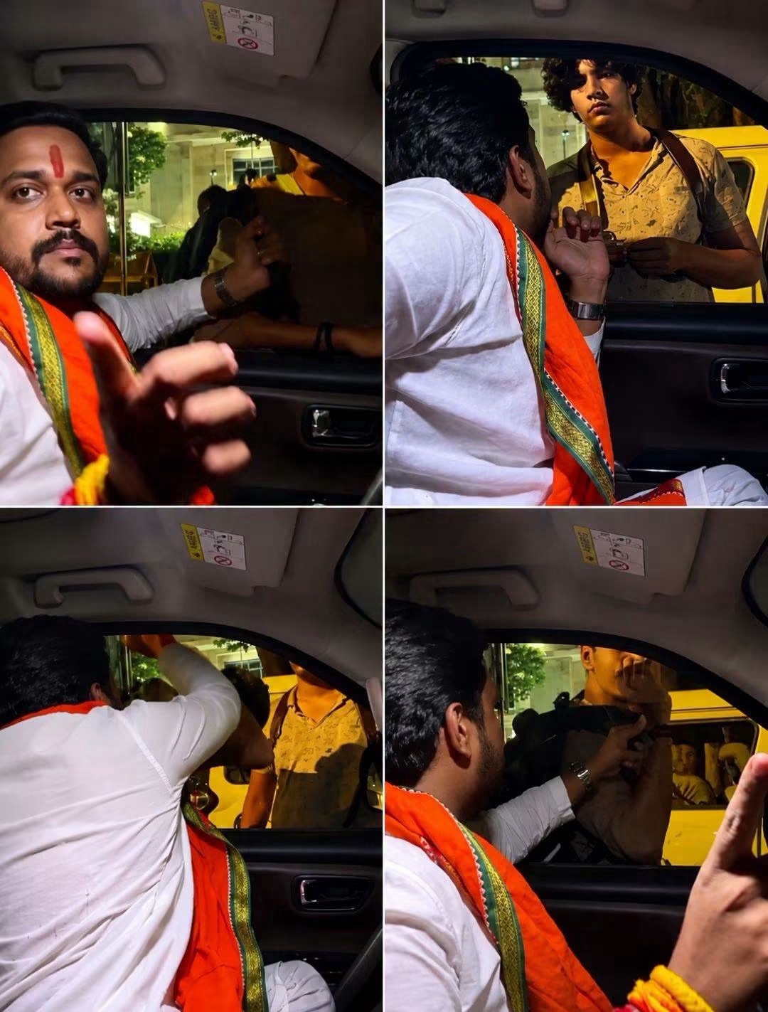 Collage of a man in white traditional clothing with an orange scarf inside a car, gesturing toward a young man outside the window in each frame of the interaction.