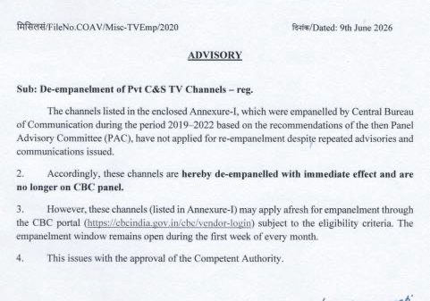 Official Government of India advisory document about de-empanelment of private TV channels, dated 9 June 2026, from the Ministry of Information and Broadcasting, with signature of Deputy Director (AV).