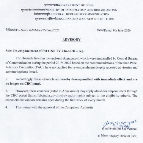 Official Government of India advisory document about de-empanelment of private TV channels, dated 9 June 2026, from the Ministry of Information and Broadcasting, with signature of Deputy Director (AV).