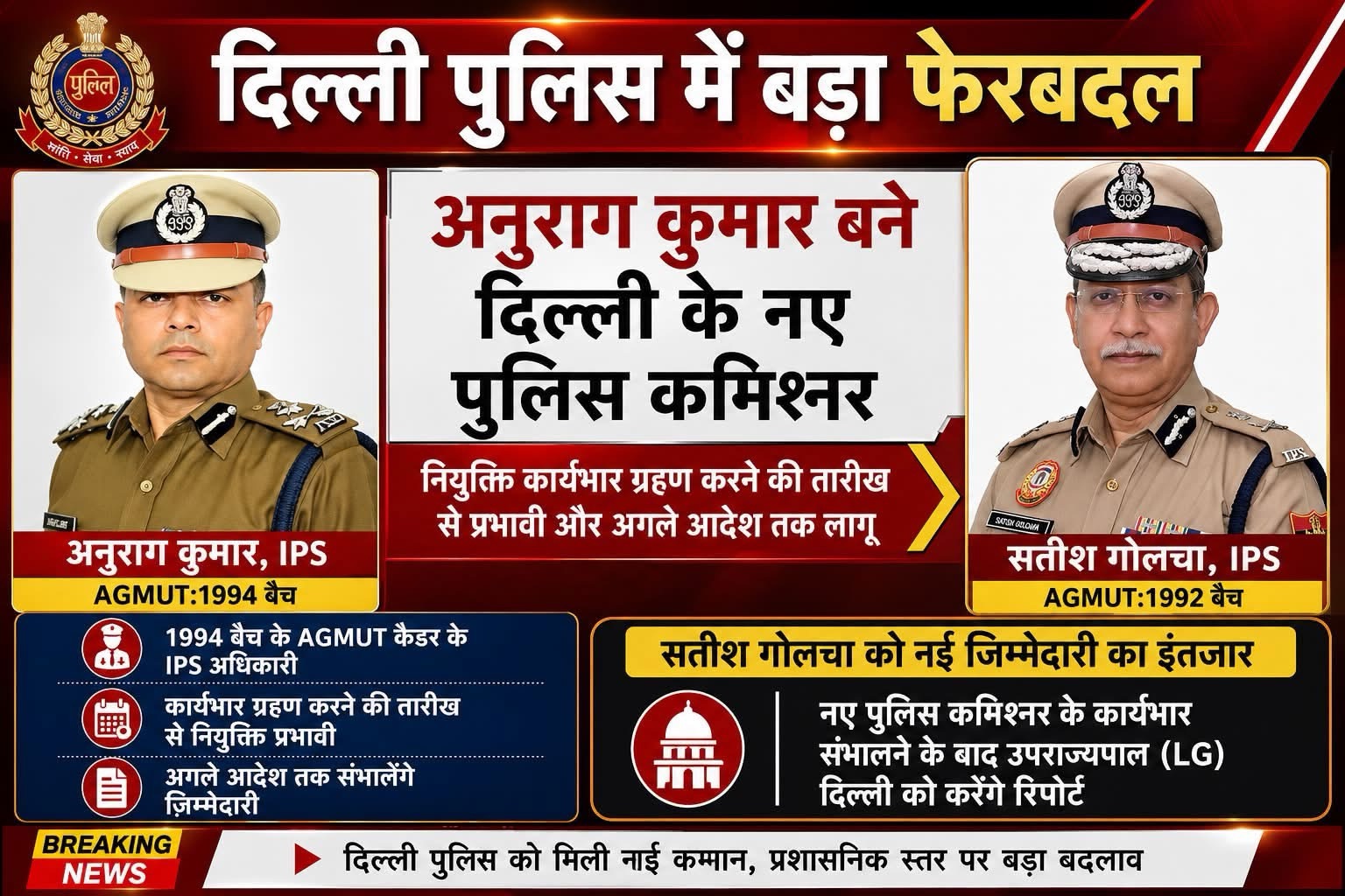 दिल्ली पुलिस में बड़े बदलाव की खबर का बैनर; दो वरिष्ठ अधिकारियों की तस्वीरों के साथ हिंदी headlines