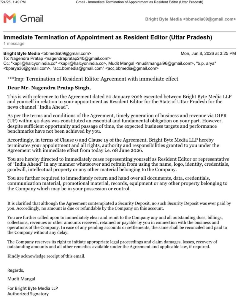 Email screenshot: subject 'Immediate Termination of Appointment as Resident Editor (Uttar Pradesh)' from Bright Byte Media, showing a formal termination letter.