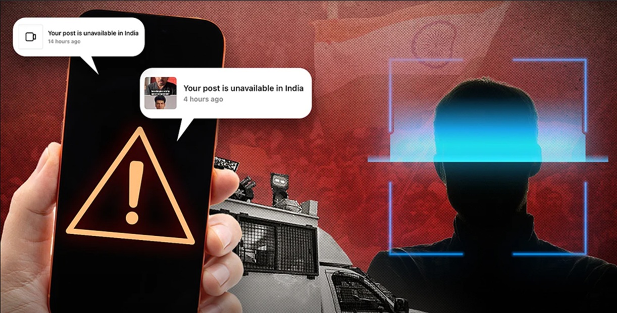 Phone screen shows a bright warning triangle; chat bubbles warn 'Your post is unavailable in India' while a shadowy person sits within a blue facial-recognition frame in the background.