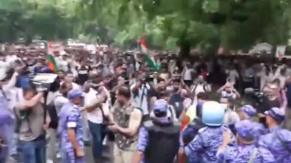 Large crowd of protesters on a tree-lined street, some waving flags, confronted by riot police in blue gear.