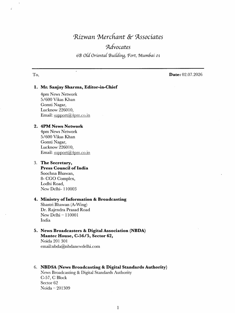 kamboj | No. 1 Indian Media News Portal Formal letterhead for Rizwan Merchant & Associates Advocates listing six recipient addresses and emails on page 1.