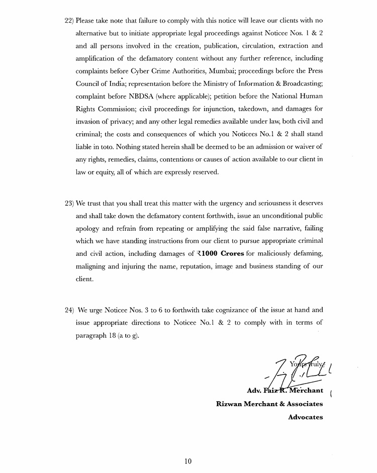 kamboj_4 | No. 1 Indian Media News Portal Page 10 of a formal legal document showing clauses 22–24, dense paragraphs, and a signature block at the bottom right with the firm name 'Rizwan Merchant & Associates Advocates' and a page number 10.