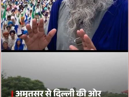 Live news clip: a blue-turbaned man with a long beard speaks to a large crowd of protesters, ABP LIVE logo visible in corner.