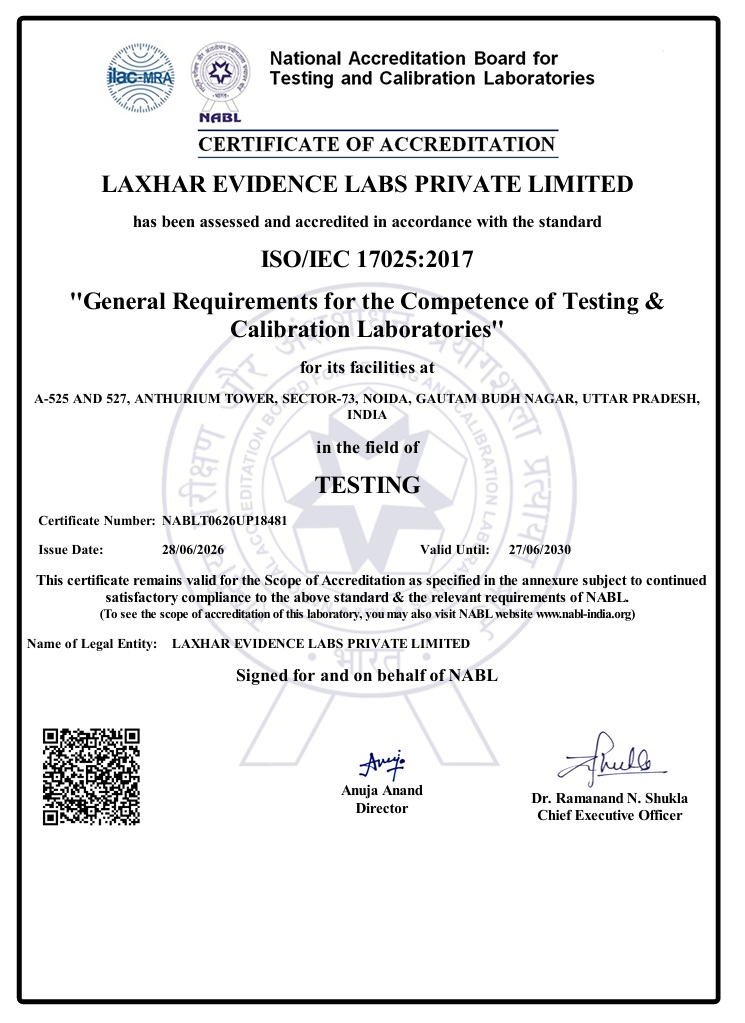 Certificate of Accreditation to LAXHAR EVIDENCE LABS PRIVATE LIMITED under ISO/IEC 17025:2017 for testing and calibration laboratories.