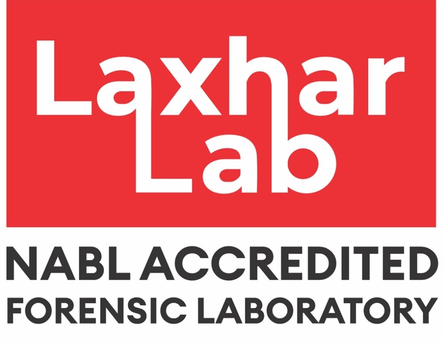 Laxhar Lab logo: red box with white 'Laxhar Lab' text and black 'NABL ACCREDITED FORENSIC LABORATORY' beneath.
