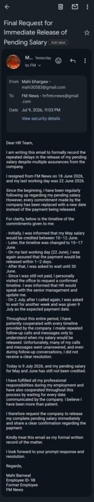 mahi_fm_1 | No. 1 Indian Media News Portal Screenshot of an email titled 'Final Request for Immediate Release of Pending Salary' from Mahi Barnwal to FM News, detailing salary delays and the request for payment.