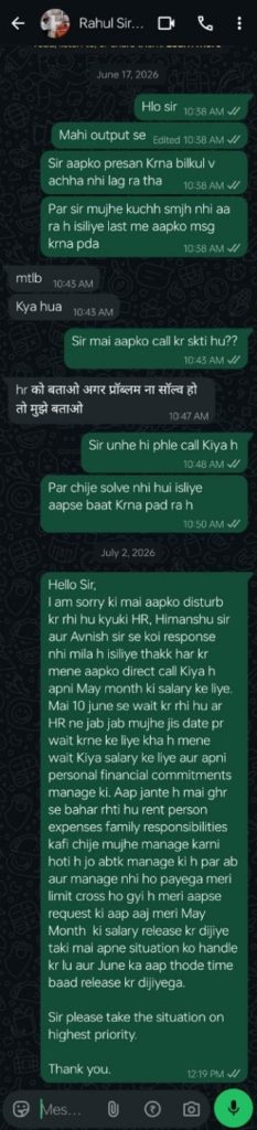 mahi_fm_2 | No. 1 Indian Media News Portal WhatsApp chat screenshot showing a long conversation in green and gray bubbles about disturbances, calls, and a salary-related message in Hindi/Urdu mix.