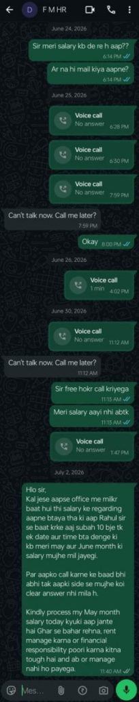 mahi_fm_4 | No. 1 Indian Media News Portal WhatsApp chat screenshot about salary in Urdu/Hindi, with green message bubbles, several 'Voice call' icons marked No answer, and lines like 'Can't talk now. Call me later.' dates span June 24–30, 2026.