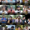 Grid collage of 16 journalists and reporters outdoors, each holding a mic or filming for different outlets, with captions showing names and outlets.