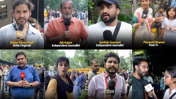 Grid collage of 16 journalists and reporters outdoors, each holding a mic or filming for different outlets, with captions showing names and outlets.