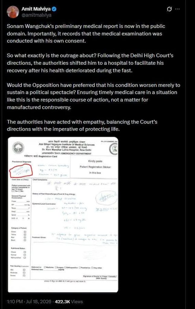 malviya | No. 1 Indian Media News Portal Screenshot of a tweet by Amit Malviya claiming Sonam Wangchuk’s medical report is public and consent was given, with a blurred medical document image below.