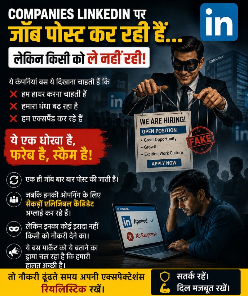 media jobs | No. 1 Indian Media News Portal Hindi poster warning about fake LinkedIn job postings; shows a man in a mask holding a 'We are Hiring' sign stamped FAKE, a distressed job seeker at a laptop, and bullets listing warning signs of fake openings.