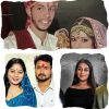 Collage of three photos: top shows a wedding couple in traditional attire; bottom left a smiling couple; bottom right a woman in a black top.