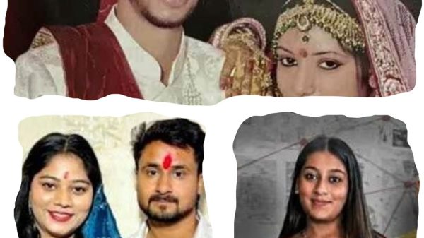 Collage of three photos: top shows a wedding couple in traditional attire; bottom left a smiling couple; bottom right a woman in a black top.