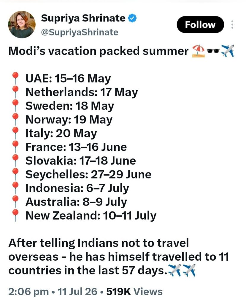 Social post showing Modi vacation itinerary: dates and countries listed (UAE, Netherlands, Sweden, Norway, Italy, France, Slovakia, Seychelles, Indonesia, Australia, New Zealand) with red pin bullet points.
