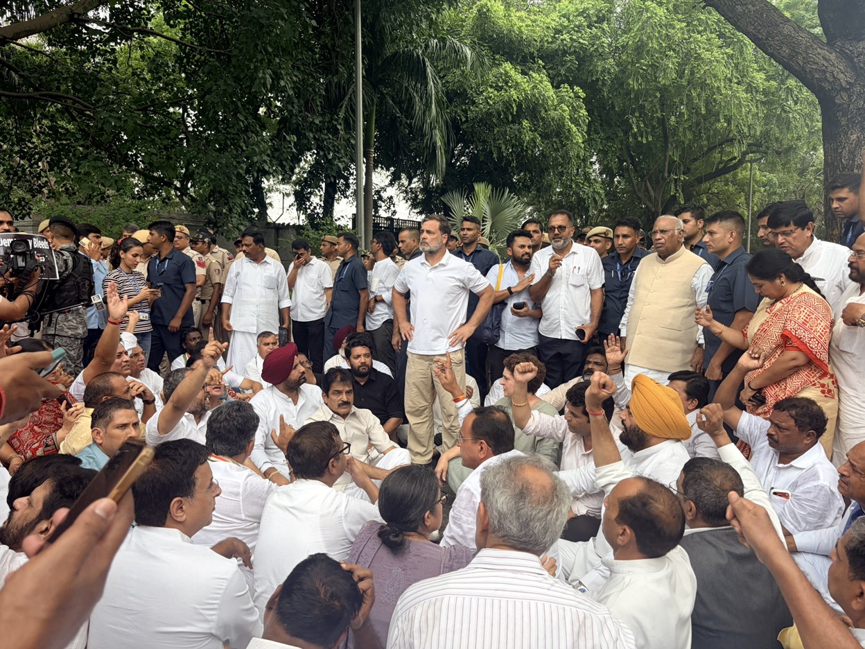 Large group of people gathered outdoors in a park, many seated on the ground with fists raised, suggesting a protest or demonstration amid trees and onlookers standing nearby.