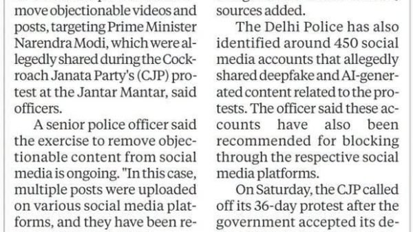 New Delhi Express News Service article clipping with headline: Remove offensive posts against PM: Police to social media platforms; dated July 26 (two-column text).