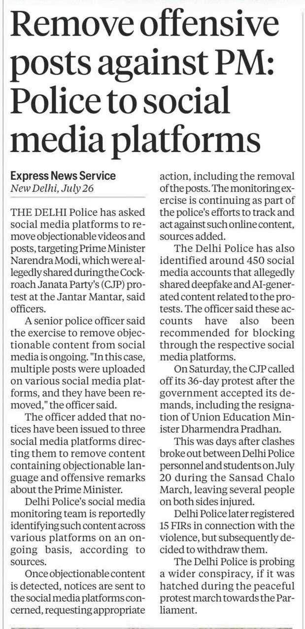New Delhi Express News Service article clipping with headline: Remove offensive posts against PM: Police to social media platforms; dated July 26 (two-column text).