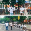 Two scenes of visually impaired men with white canes outside a campus building; top: standing, bottom: seated along a curb.