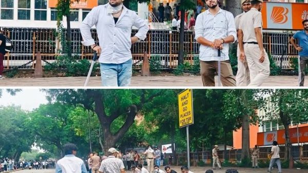 Two scenes of visually impaired men with white canes outside a campus building; top: standing, bottom: seated along a curb.